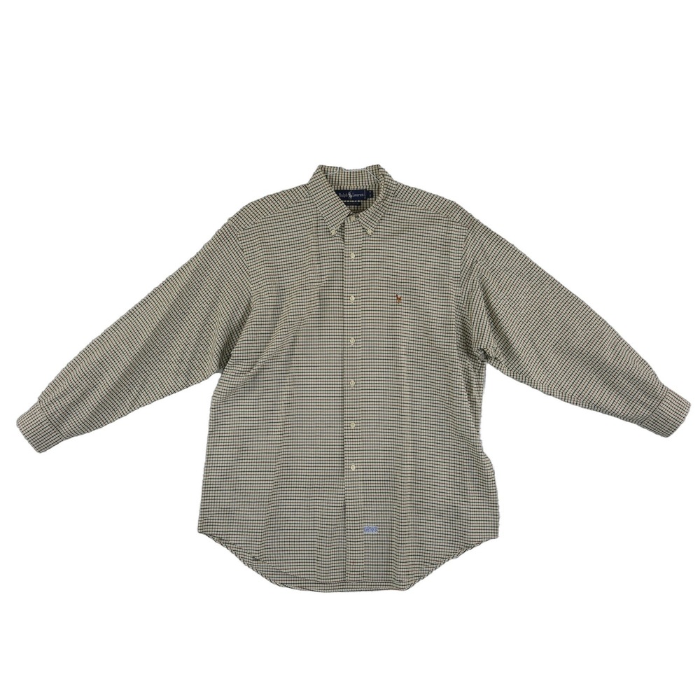 Ralph Lauren Button Down Shirt Men's Size 16.5 34 Tan Plaid 100% Cotton Vintage